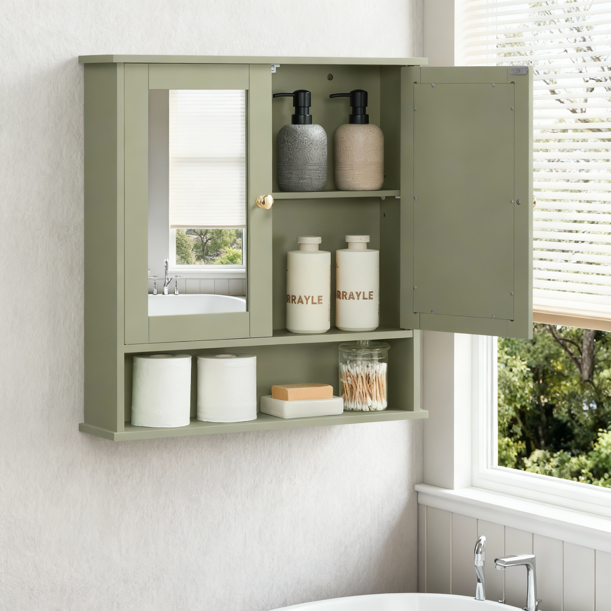 Bathroom Cabinet with 2 Mirrored Doors, Wall-Mounted Medicine Cabinet with Adjustable Shelf & Open Compartment