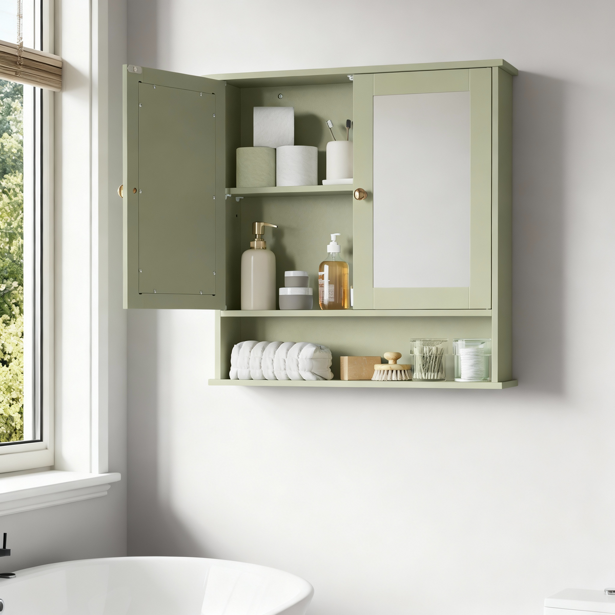 Bathroom Cabinet with 2 Mirrored Doors, Wall-Mounted Medicine Cabinet with Adjustable Shelf & Open Compartment