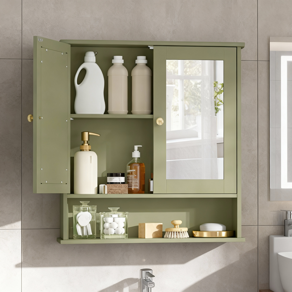 Bathroom Cabinet with 2 Mirrored Doors, Wall-Mounted Medicine Cabinet with Adjustable Shelf & Open Compartment