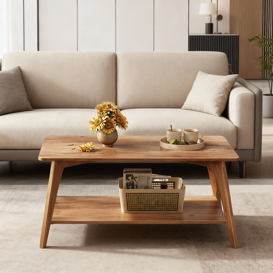 2-Tier Coffee Table with Storage Shelf, Modern Center Table with Tapered Legs, for Living Room, Easy Assembly, 39.4"W x 21.7"D x 17.7"H
