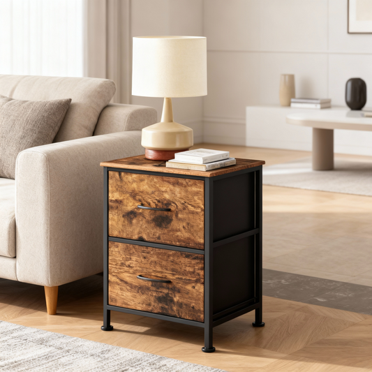 2-Drawer Storage Dresser with Steel Frame, Multi-Use Chest of Drawers for Bedroom, Closet and Entryway, Rustic Brown and Ink Black