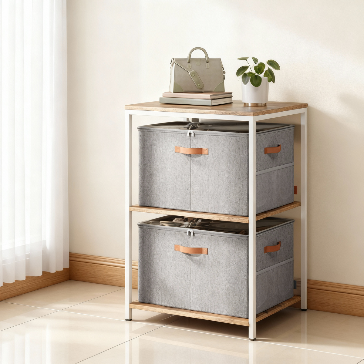 Shoe Storage Bin with Clear Cover, Adjustable Dividers Fabric Organizer for 16 Pairs of Shoes, Portable and Customizable, Dove Gray