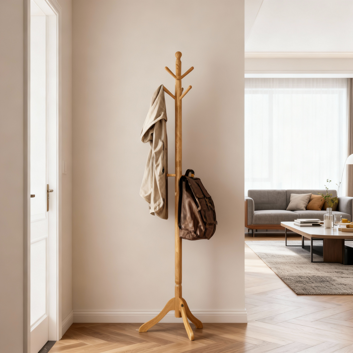 Solid Wood Coat Rack with 10 Hooks, Free Standing Coat Tree for Entryway and Hallway, Rubberwood, Natural Beige