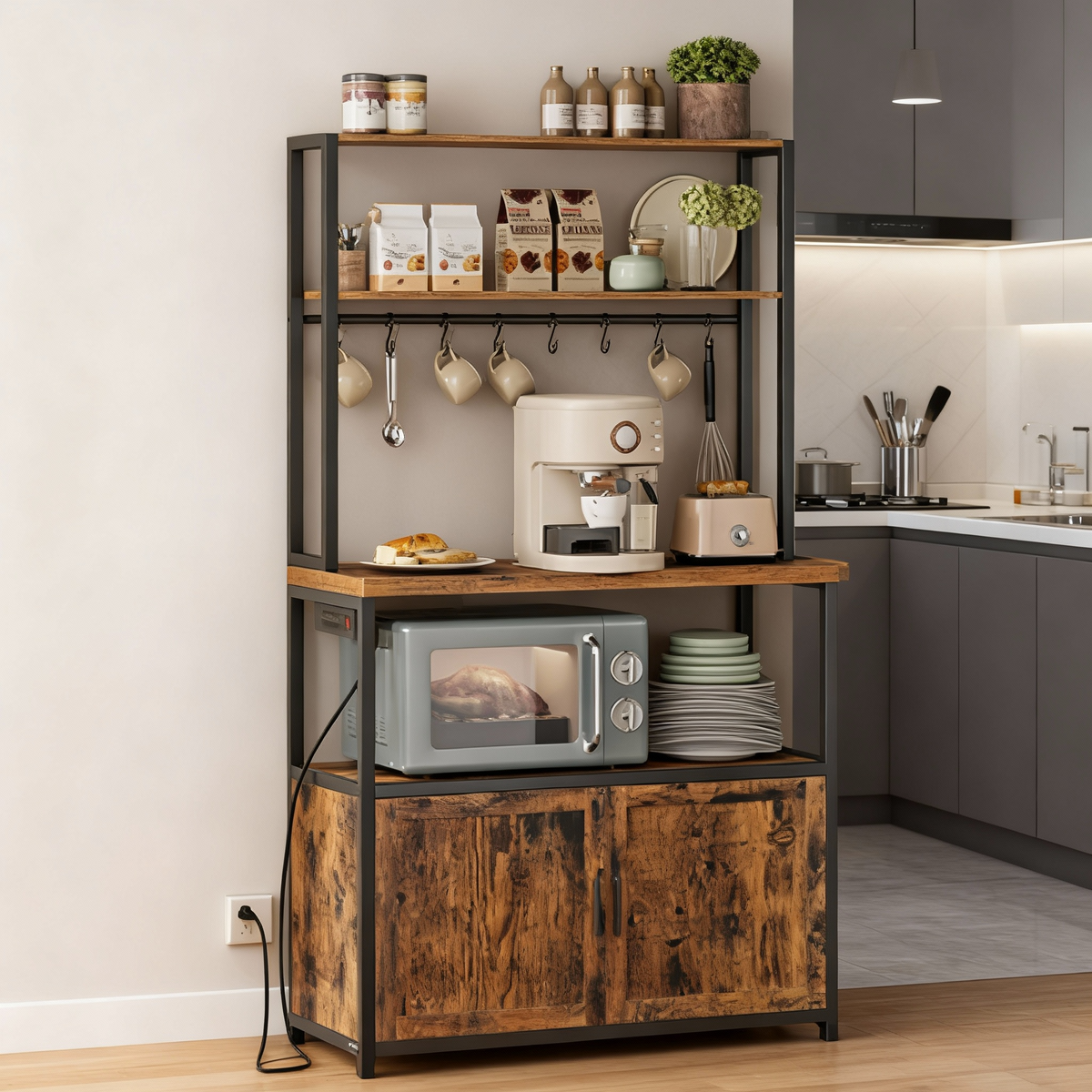 Kitchen Bakers Rack with Power Outlet, Coffee Bar with 35.4-Inch High Worktop and Microwave Stand, Rustic Brown and Ink Black