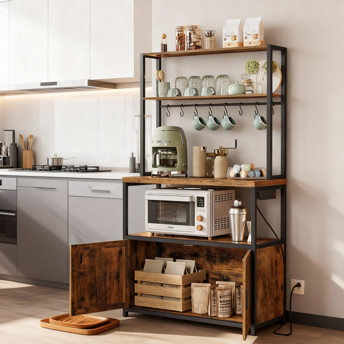 Kitchen Bakers Rack with Power Outlet, Coffee Bar with 35.4-Inch High Worktop and Microwave Stand, Rustic Brown and Ink Black