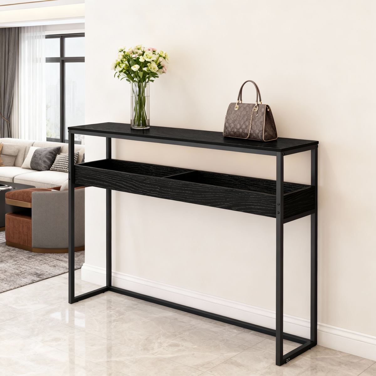 2-Tier Narrow Console Table, Semi-Open Compartment Entryway Table for Hallway and Living Room, Ebony Black and Ink Black