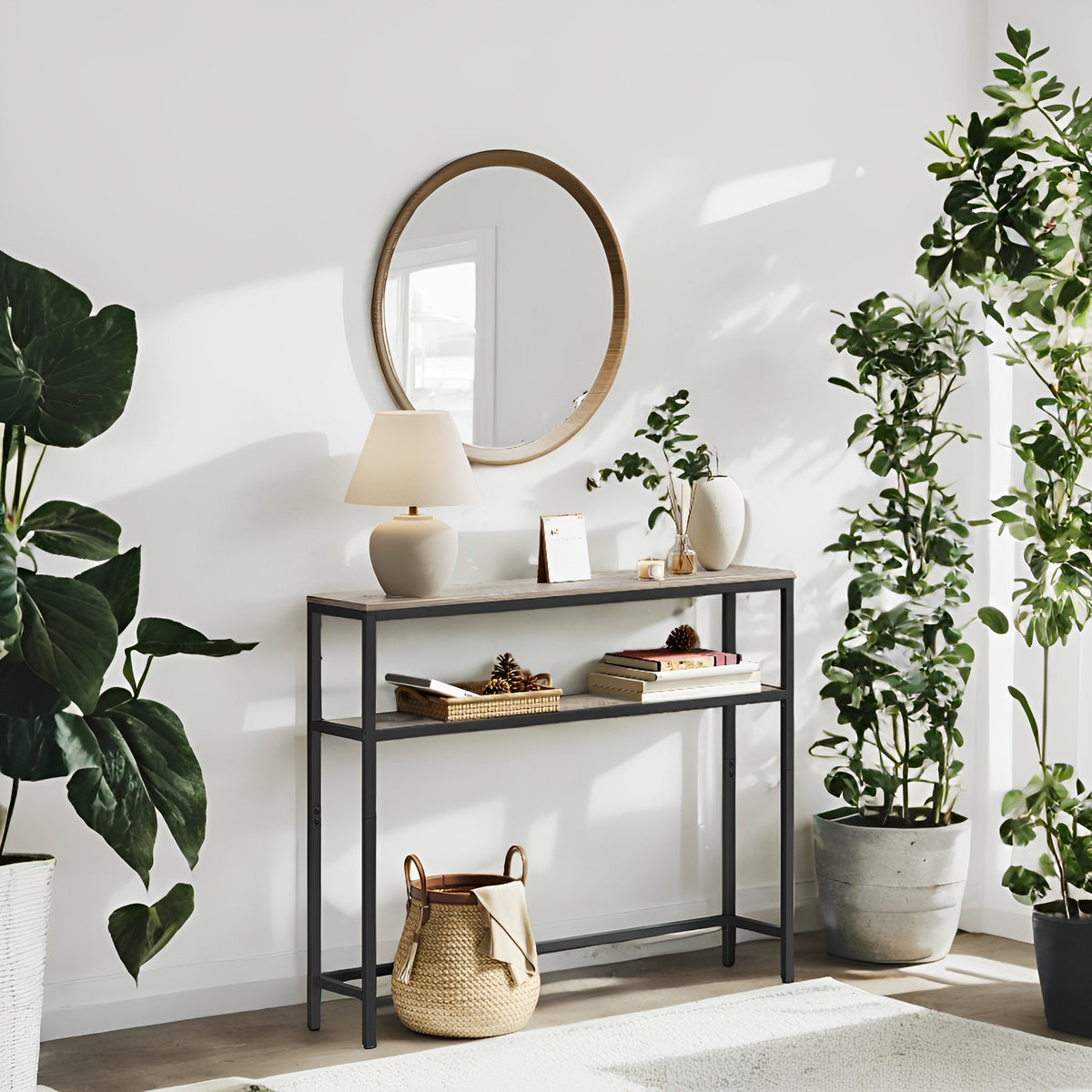 31.5" Modern Console Table, 2-Tier Narrow Sofa Table with Adjustable Feet, Entryway Shelf, Heather Greige and Black