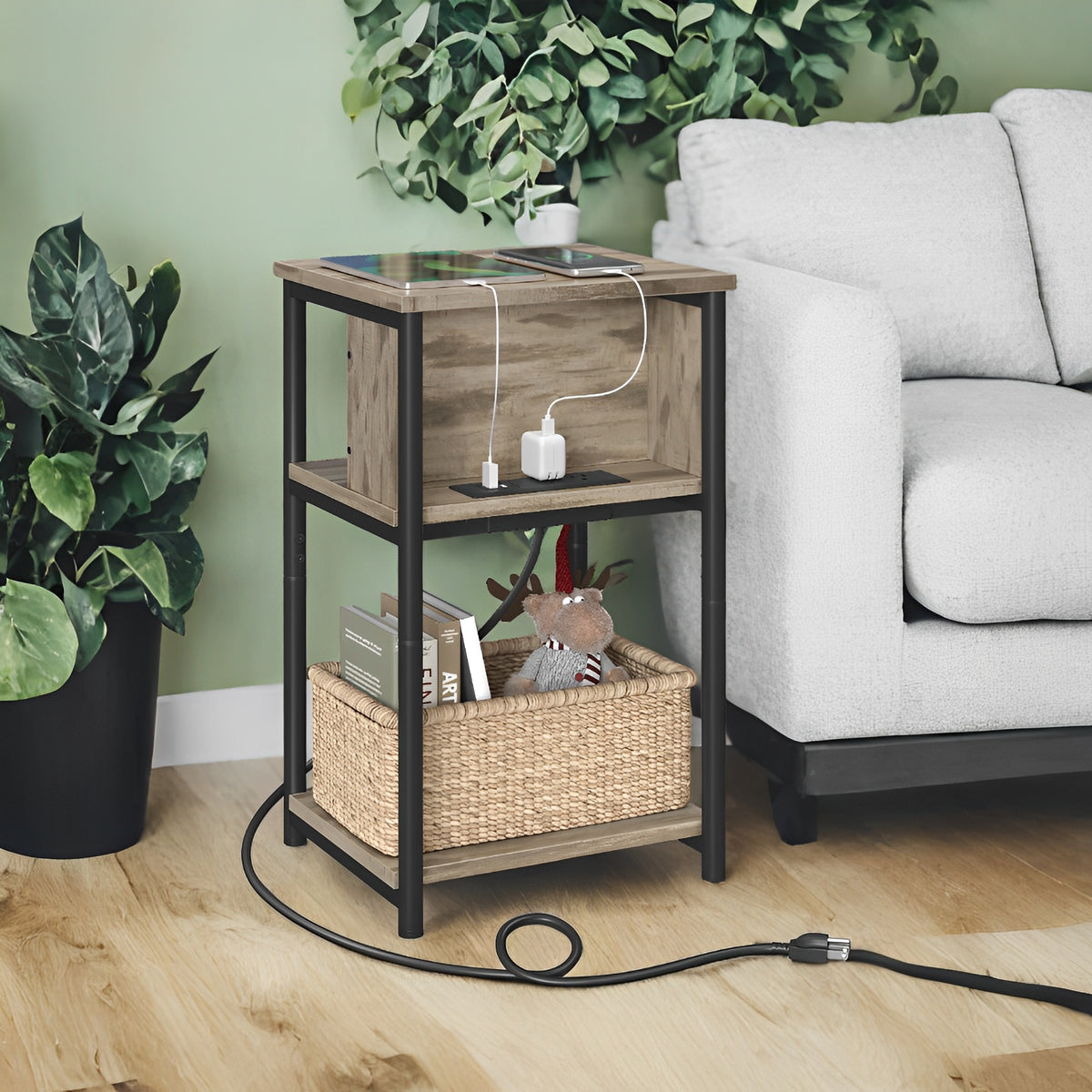 3-Tier Charging Side Table - End Table with 2 Outlets & 2 USB Ports, Space-Saving Nightstand in Camel Brown and Black