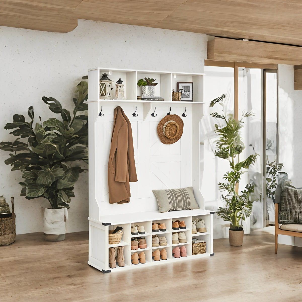 Farmhouse Hall Tree - Entryway Bench with 16 Shoe Compartments & 6 Triple Hooks, Storage Organizer, Rustic White