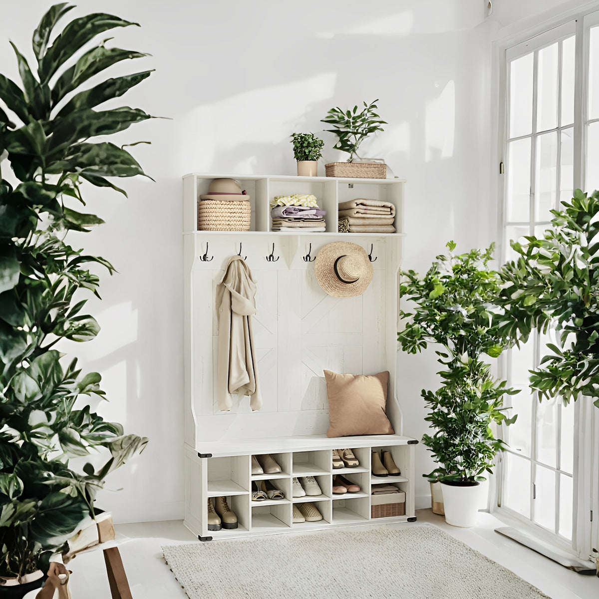 Farmhouse Hall Tree - Entryway Bench with 16 Shoe Compartments & 6 Triple Hooks, Storage Organizer, Rustic White