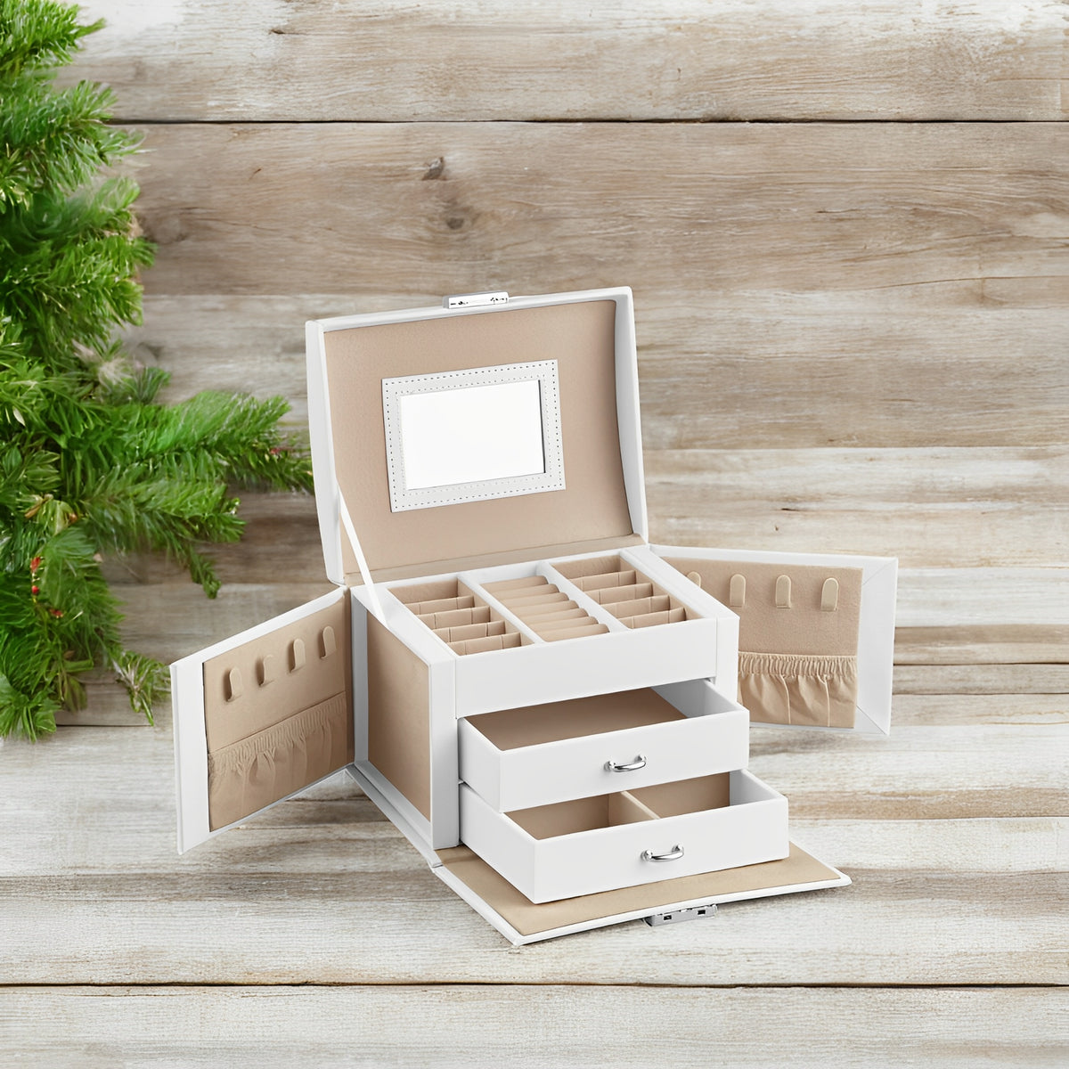 Jewelry Organizer with Lock, 3-Tier Travel Jewelry Box with Mirror & 2 Drawers, Velvet-Lined Storage Case, Gift for Women, White