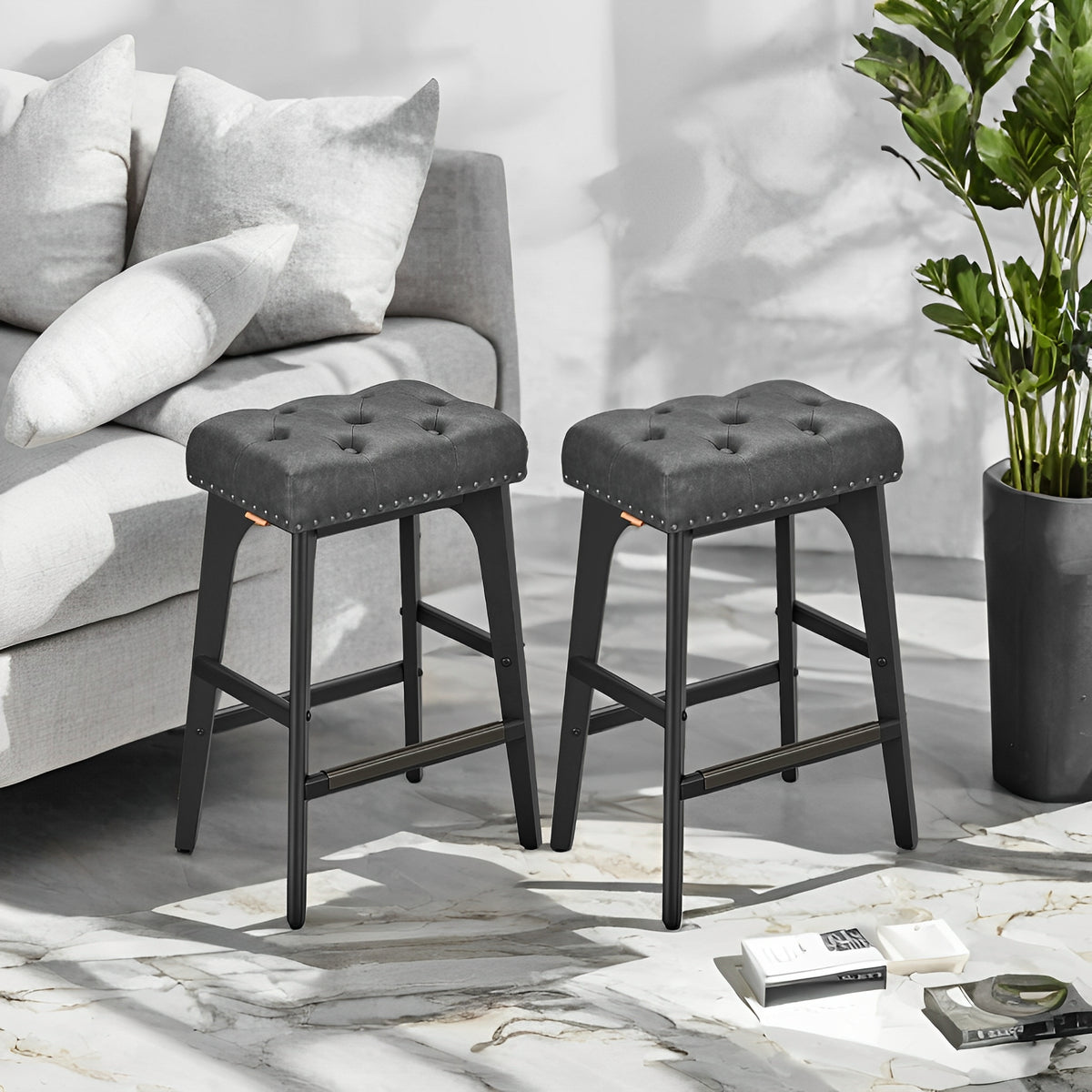 LEDREM 2-Pack Counter Height Bar Stools - PU Leather Upholstered, 265lb Capacity, Solid Wood Legs, Quick Assembly, Ink Black