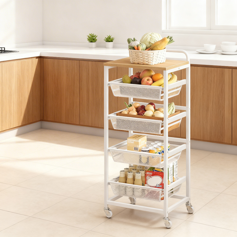 5-Tier Rolling Kitchen Cart with Pull-Out Baskets, Utility Storage Cart with Wheels & Handle, for Snacks, 37.4 x 15.8 x 12.5 Inches, Golden Oak and Matte White