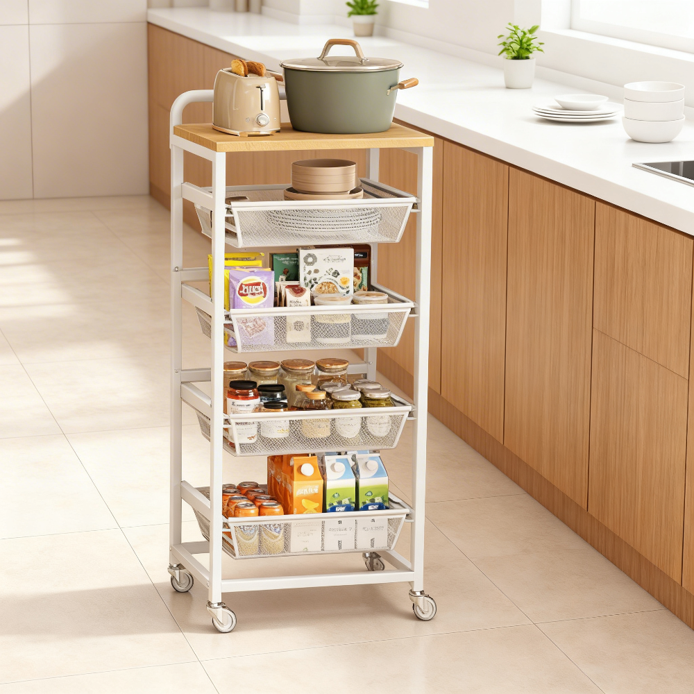 5-Tier Rolling Kitchen Cart with Pull-Out Baskets, Utility Storage Cart with Wheels & Handle, for Snacks, 37.4 x 15.8 x 12.5 Inches, Golden Oak and Matte White