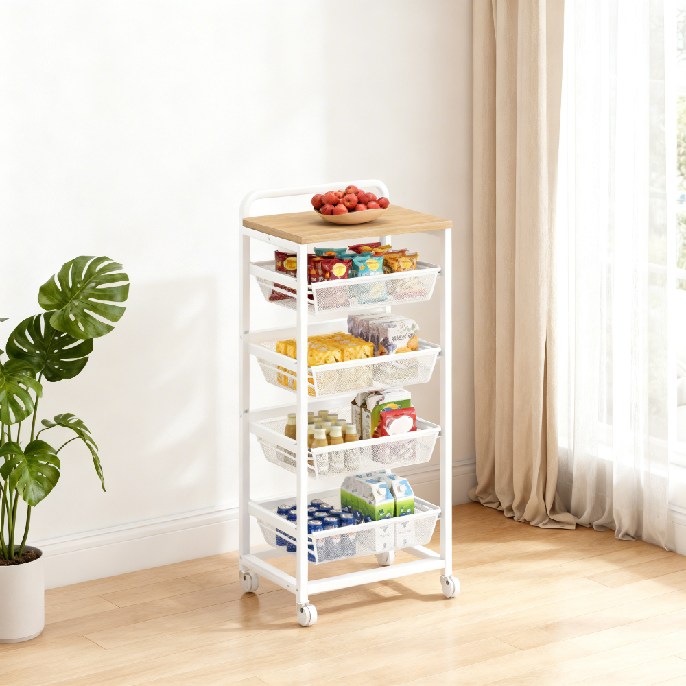 5-Tier Rolling Kitchen Cart with Pull-Out Baskets, Utility Storage Cart with Wheels & Handle, for Snacks, 37.4 x 15.8 x 12.5 Inches, Golden Oak and Matte White