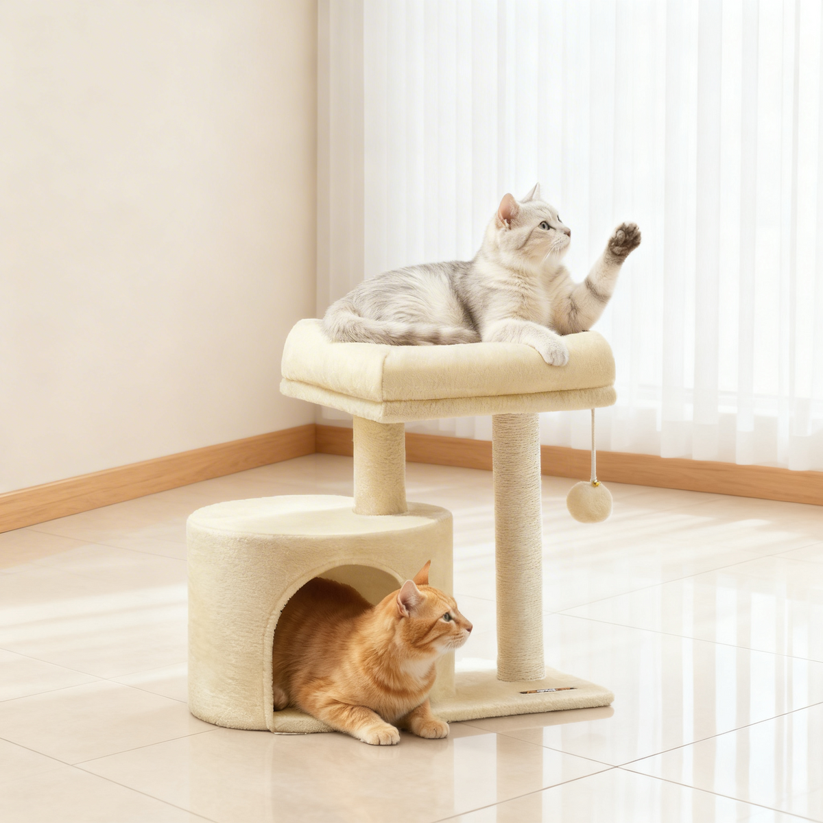 Small Cat Tree Tower with Sisal Scratching Post, Plush Condo with Padded Perch & Cave, for Kittens, Small Spaces, Sand Beige