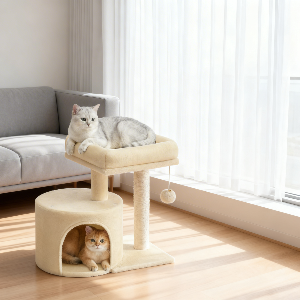 Small Cat Tree Tower with Sisal Scratching Post, Plush Condo with Padded Perch & Cave, for Kittens, Small Spaces, Sand Beige