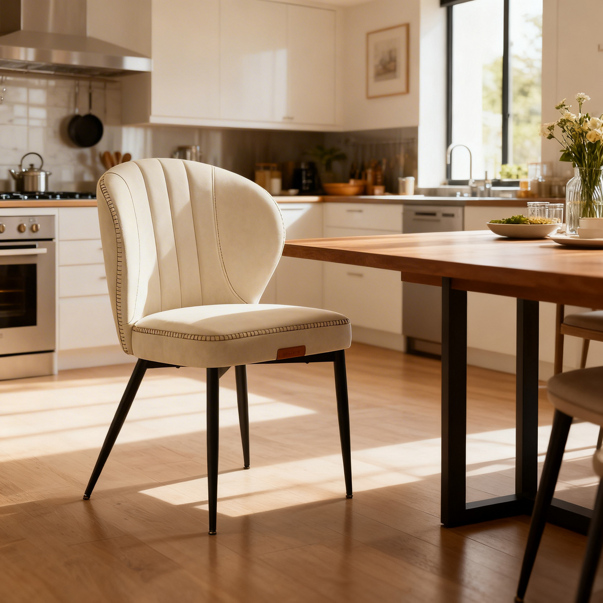Set of 2 Mid-Century Modern Dining Chairs, Upholstered Kitchen Chairs with Synthetic Leather & Stitching, Award-Winning Design, Cream White