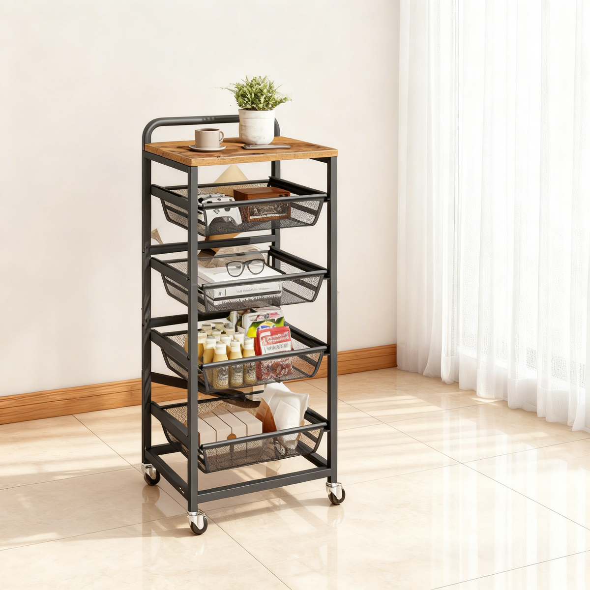 5-Tier Rolling Kitchen Cart with Pull-Out Baskets, Utility Storage Cart with Wheels & Handle, for Snacks, 37.4 x 15.8 x 12.5 Inches, Rustic Brown and Ink Black