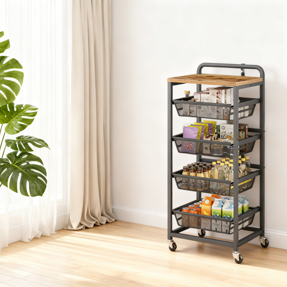 5-Tier Rolling Kitchen Cart with Pull-Out Baskets, Utility Storage Cart with Wheels & Handle, for Snacks, 37.4 x 15.8 x 12.5 Inches, Rustic Brown and Ink Black