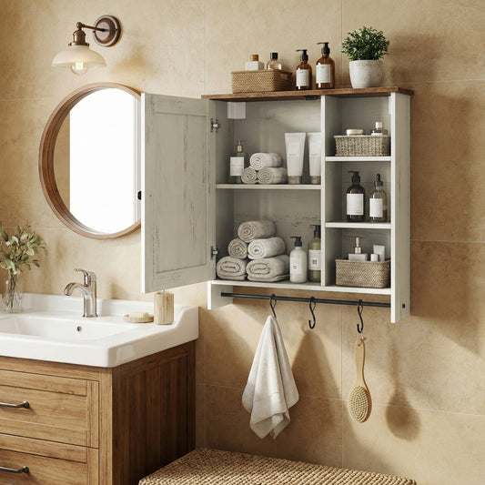 Wall Cabinet with Toolless Assembly, Farmhouse Medicine Cabinet with Adjustable Shelves & Hooks, for Bathroom, Kitchen, 23.6 x 23.6 x 5.9 Inches, Rustic White and Honey Brown