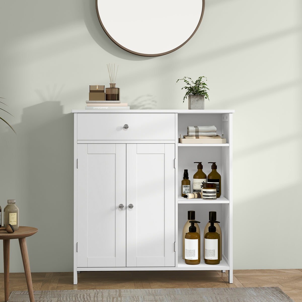 Floor Storage Cabinet, 29.5 Inch Freestanding Organizer with Drawer, Doors & Adjustable Shelves, 3 Open Compartments for Bathroom Living Room, Cloud White