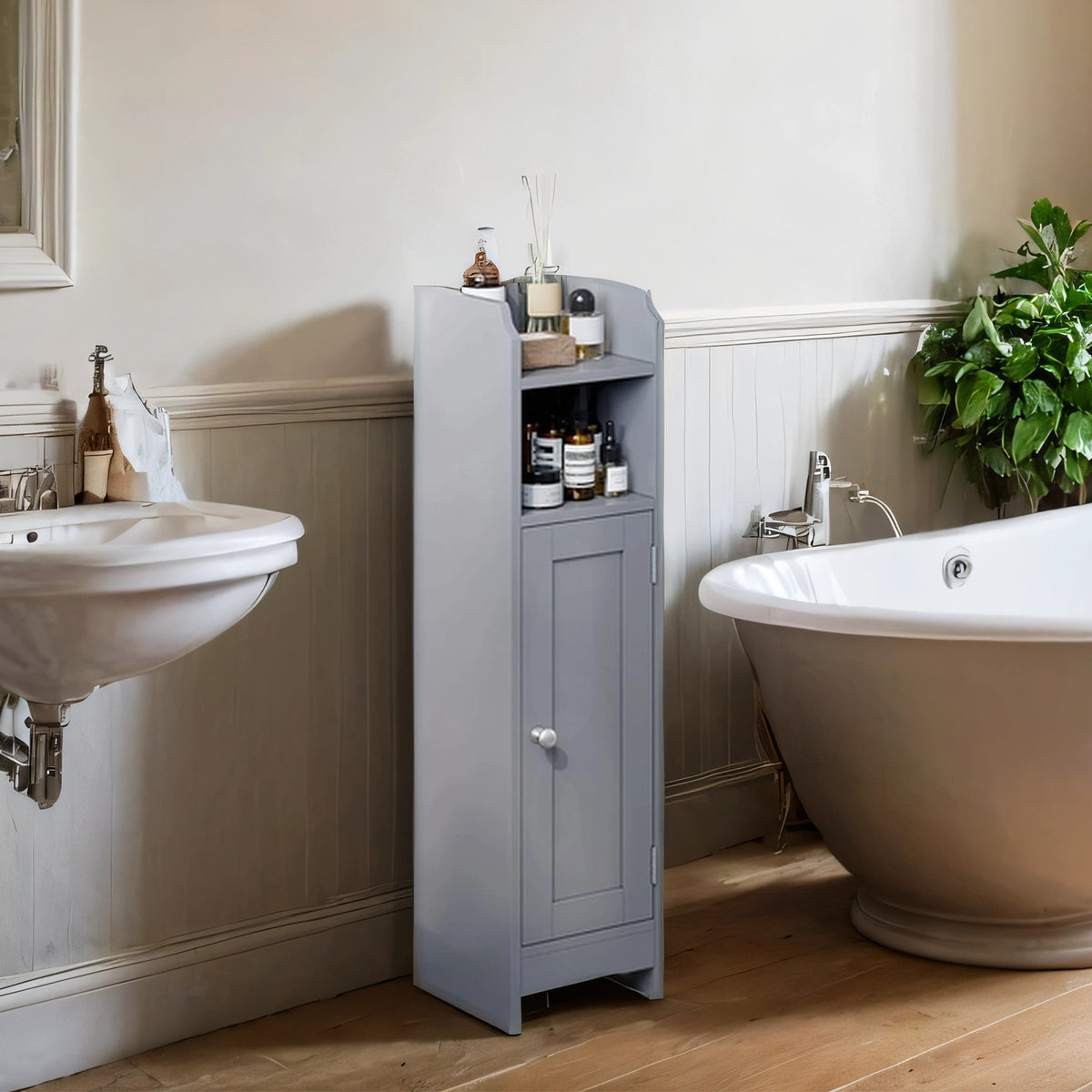 Small Corner Storage Cabinet, 7.1 Inch Narrow Floor Organizer with Door & Adjustable Shelves, for Bathroom Living Room Small Spaces, Dove Gray