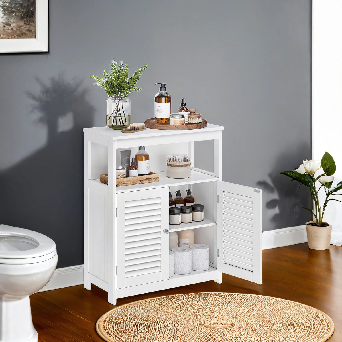 Floor Storage Cabinet with Double Shutter Doors and Adjustable Shelf, Freestanding Storage Unit for Bathroom, Living Room, Entryway, Kitchen, White