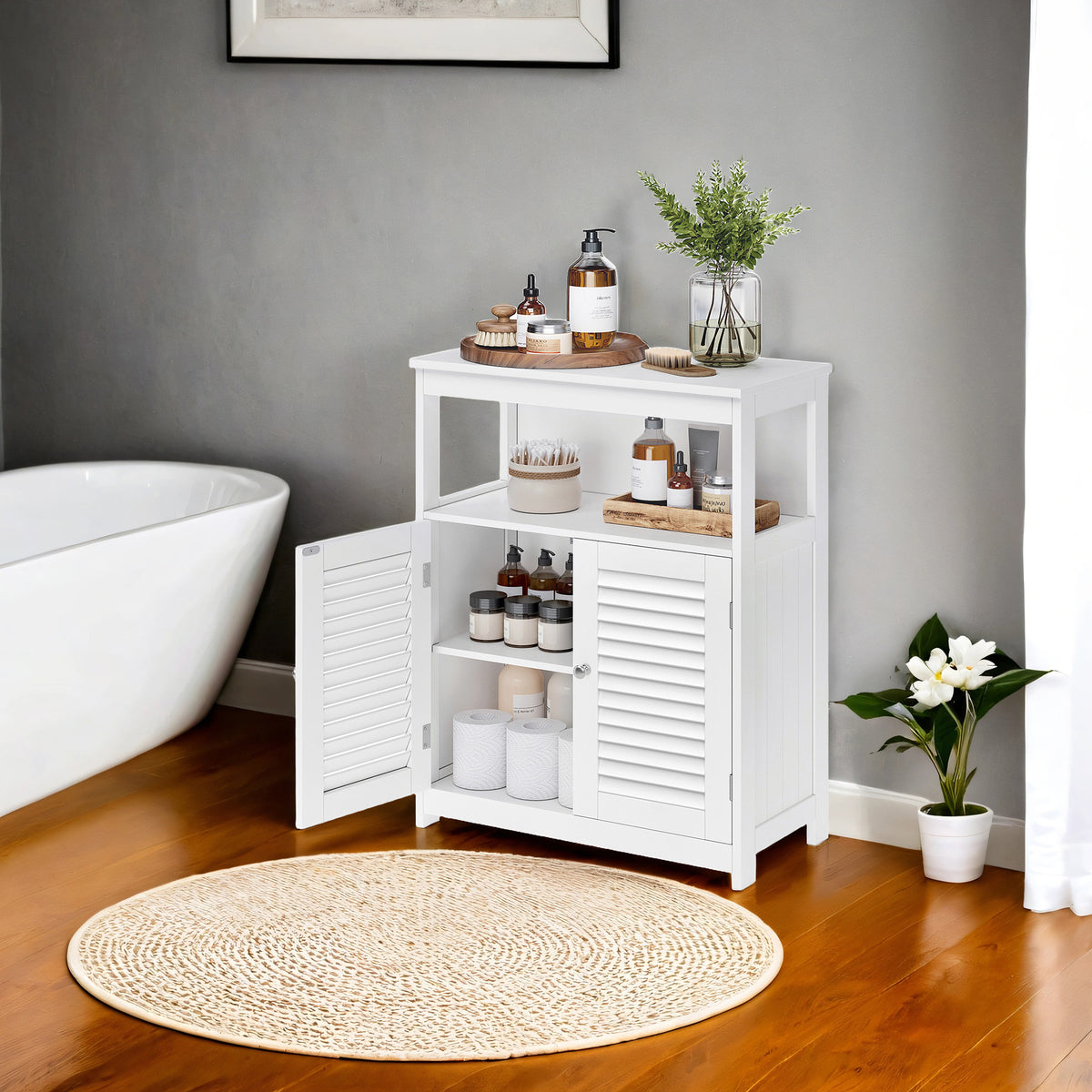 Floor Storage Cabinet with Double Shutter Doors and Adjustable Shelf, Freestanding Storage Unit for Bathroom, Living Room, Entryway, Kitchen, White
