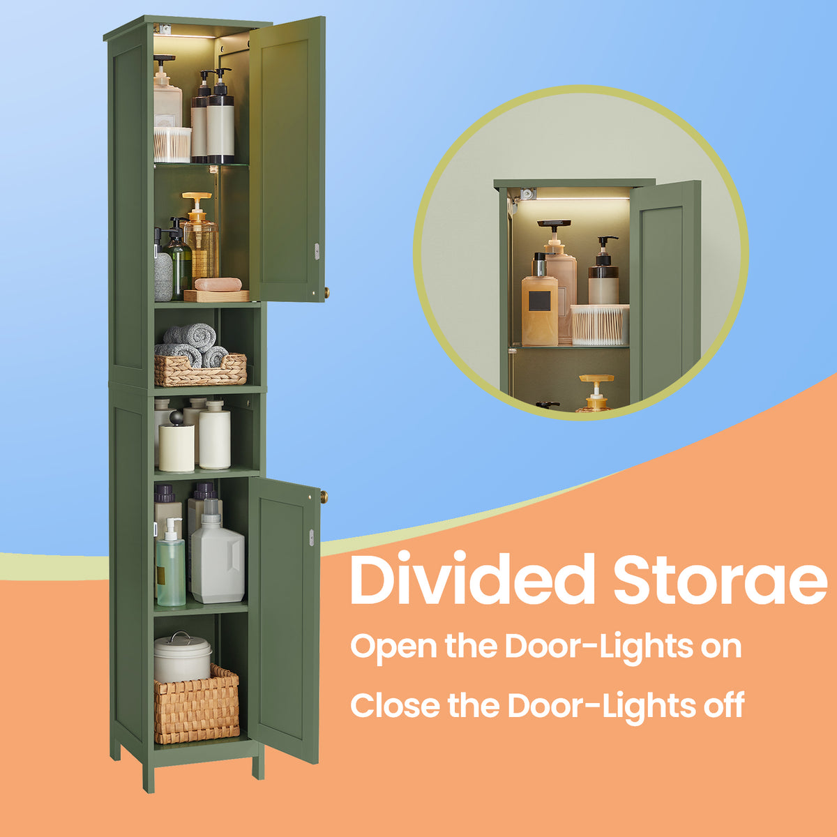 Slim LED Bathroom Cabinet - 66.9" Tall Storage with Auto Lights, Adjustable Shelves & Anti-Tip Kit, 11.8" Wide, Forest Green