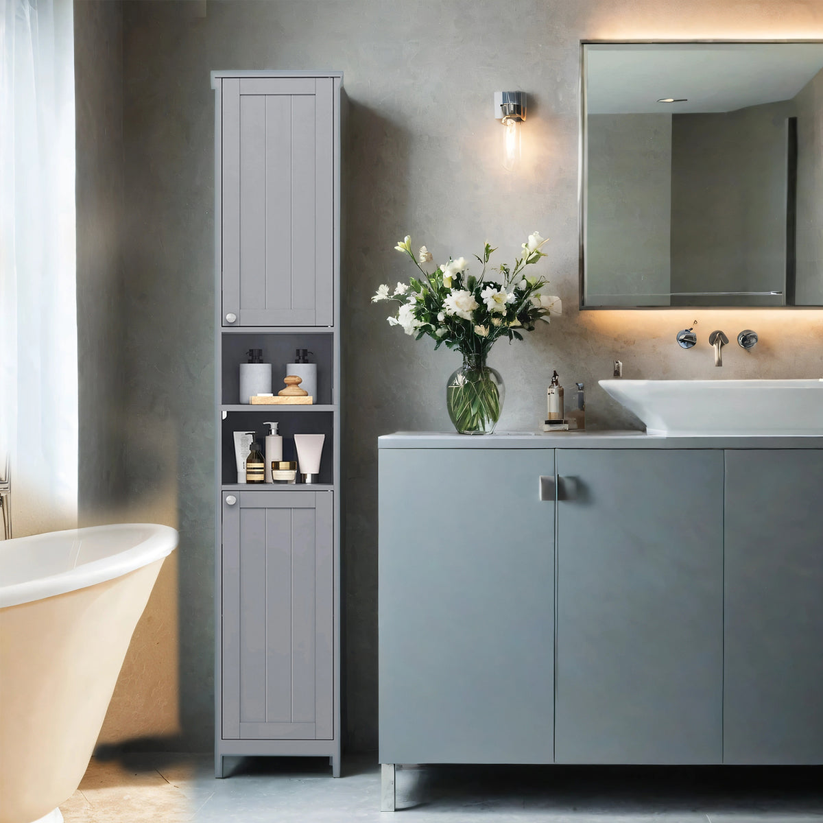 Slim Tall Storage Cabinet with Automatic Door Lights, Adjustable Shelves, Freestanding Organizer for Bathroom, Living Room, Dove Gray