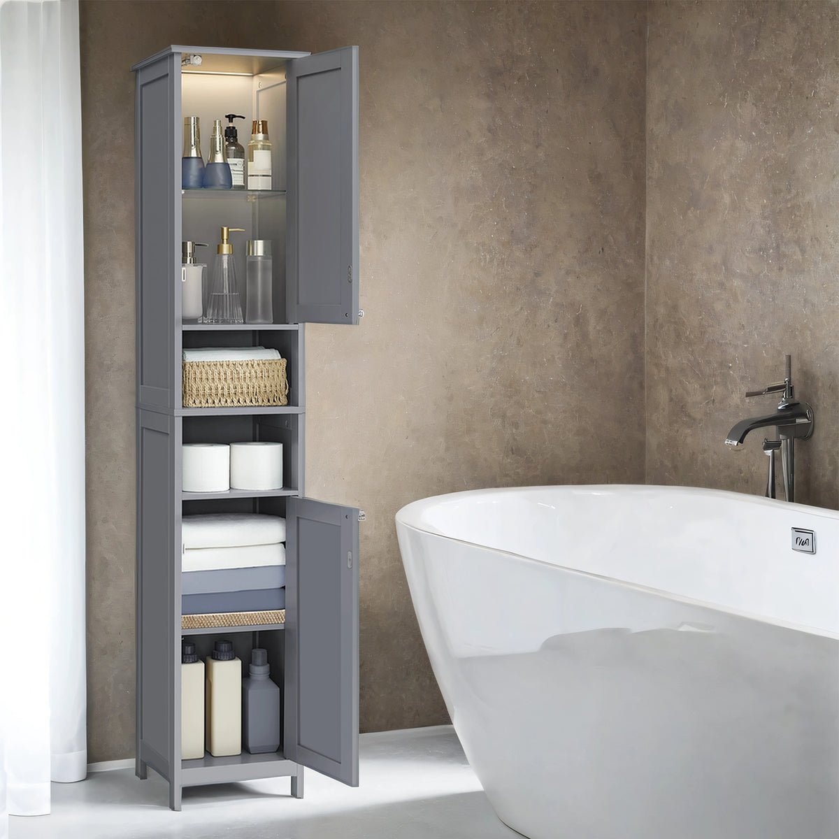 Slim Tall Storage Cabinet with Automatic Door Lights, Adjustable Shelves, Freestanding Organizer for Bathroom, Living Room, Dove Gray
