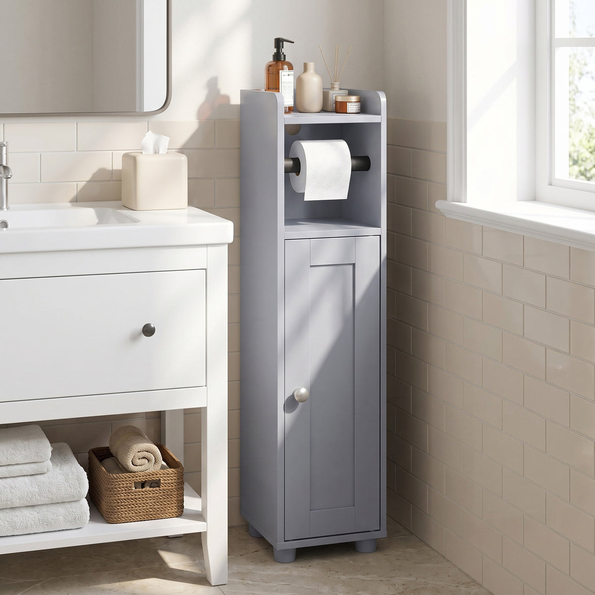 Bathroom Storage Cabinet, Slim Freestanding Cabinet with Door, Tool-Free Assembly, 7.9 x 7.9 x 31.9 inches, Gray