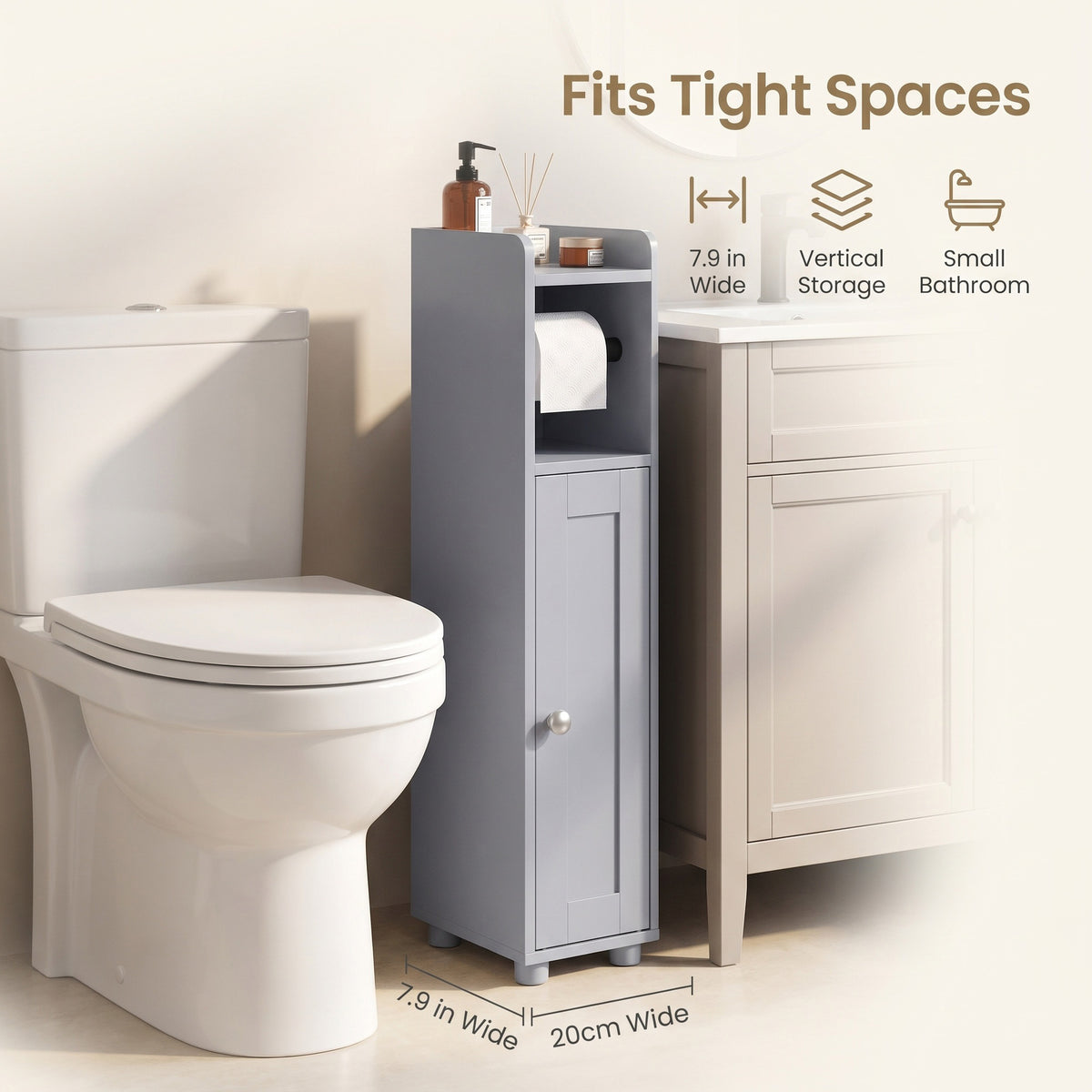 Bathroom Storage Cabinet, Slim Freestanding Cabinet with Door, Tool-Free Assembly, 7.9 x 7.9 x 31.9 inches, Gray