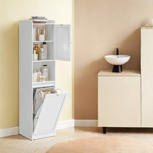 Tall Storage Cabinet with Removable Laundry Basket, Organizer Unit with Adjustable Shelf & Anti-Tip Kit, for Bathroom Living Room, Cloud White