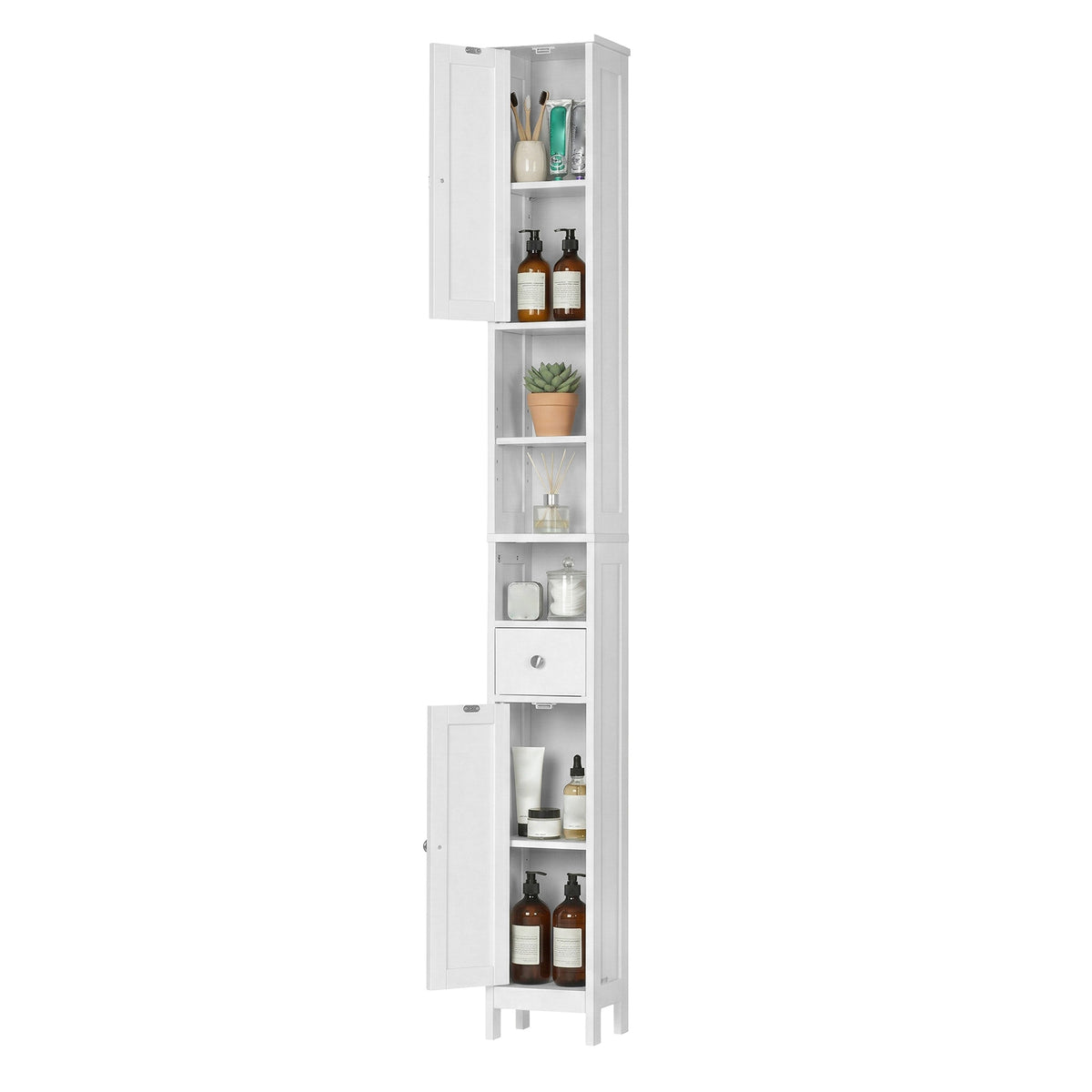 Slim Tall Bathroom Cabinet with 5-Position Adjustable Shelves, Freestanding Storage Unit with Drawer and Open Compartments, Cloud White