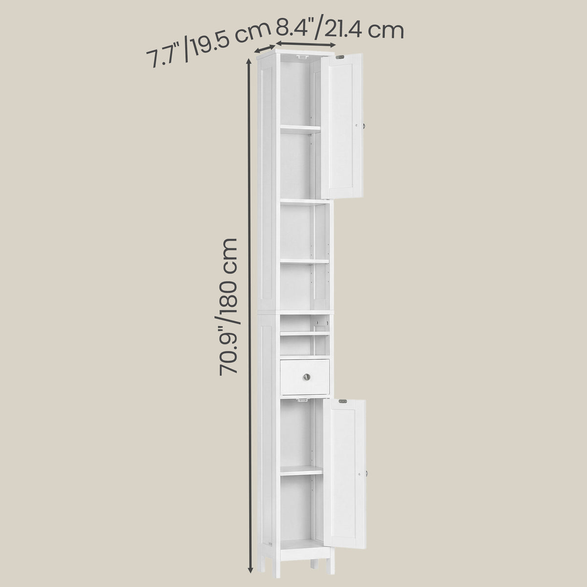Slim Tall Bathroom Cabinet with 5-Position Adjustable Shelves, Freestanding Storage Unit with Drawer and Open Compartments, Cloud White