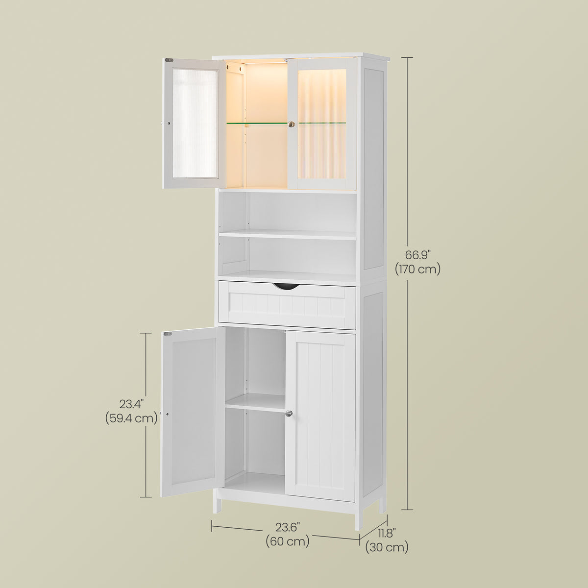 Freestanding Storage Cabinet with LED Light, Adjustable Shelves and Drawer, for Bathroom Kitchen Living Room, Cloud White