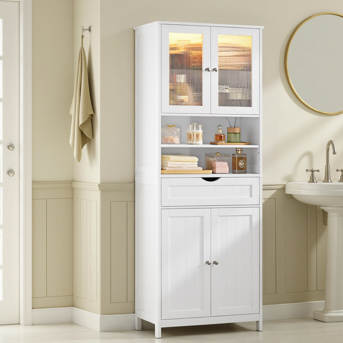Freestanding Storage Cabinet with LED Light, Adjustable Shelves and Drawer, for Bathroom Kitchen Living Room, Cloud White