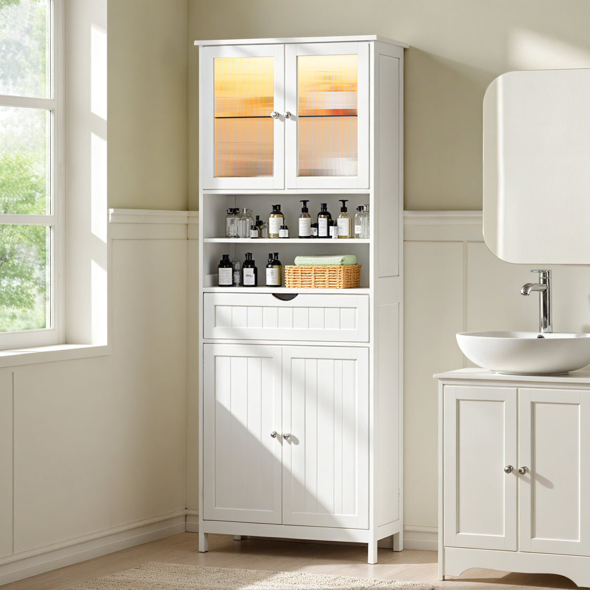 Freestanding Storage Cabinet with LED Light, Adjustable Shelves and Drawer, for Bathroom Kitchen Living Room, Cloud White