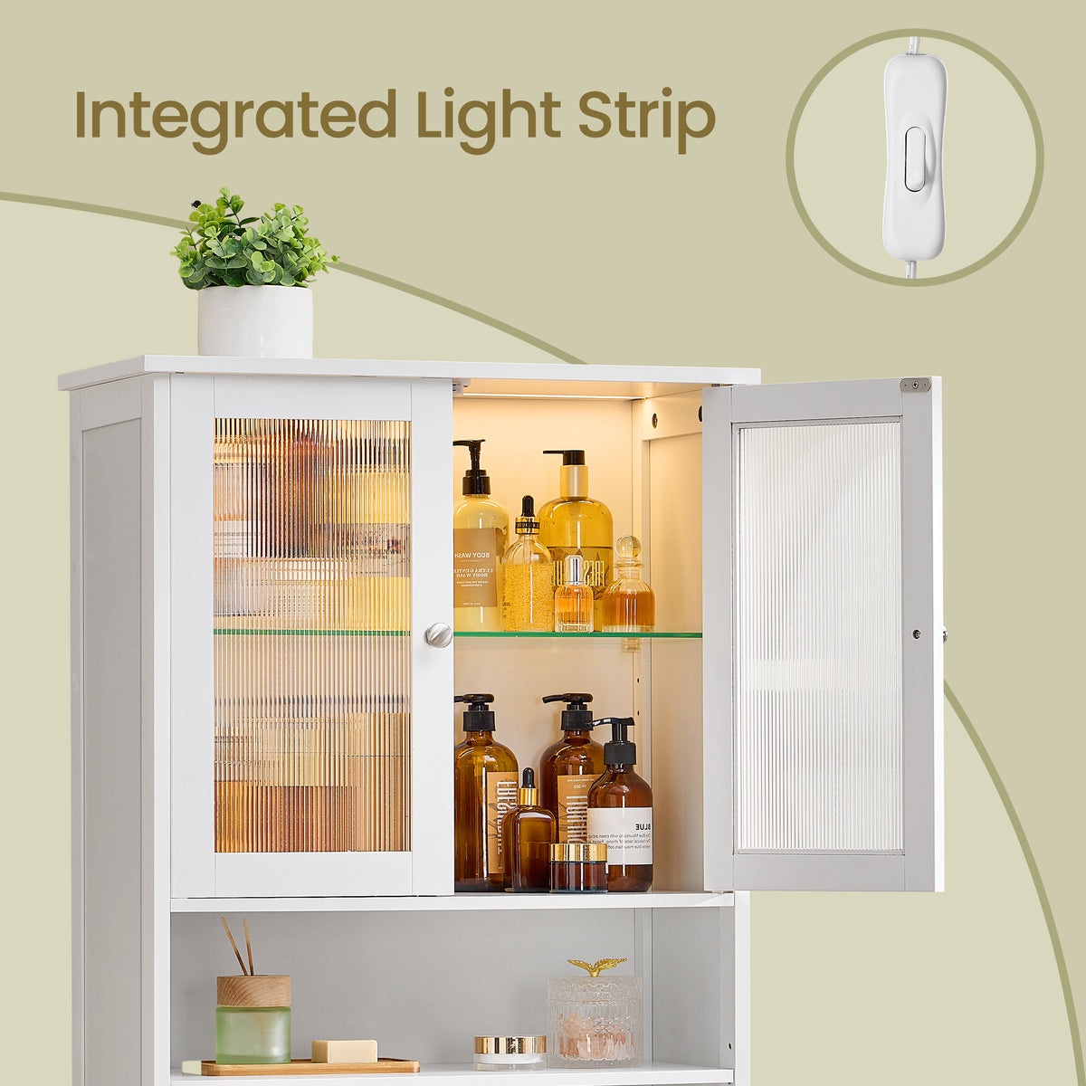 Freestanding Storage Cabinet with LED Light, Adjustable Shelves and Drawer, for Bathroom Kitchen Living Room, Cloud White