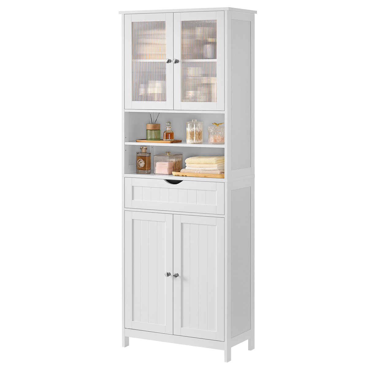 Storage Cabinet with Drawer, Adjustable Shelves, Open Compartments and Acrylic Doors, Freestanding Floor Storage Unit for Bathroom, Living Room, Kitchen, Cloud White