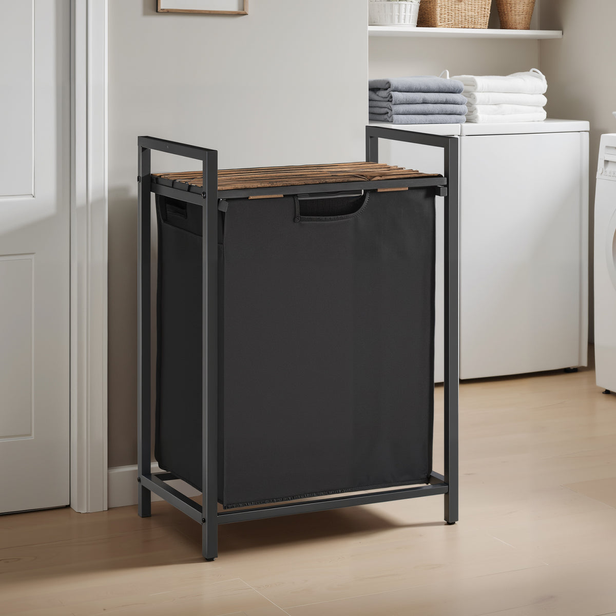 Space-Saving Laundry Hamper with Shelf & Removable Bags, 17.2 Gallon Capacity, Metal Frame, for Small Spaces, Black and Rustic Brown