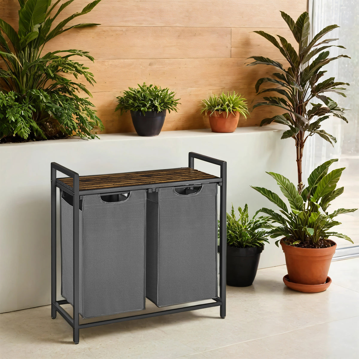 Laundry Sorter Hamper with 2 Pull-Out Bags, Detergent Shelf, Sturdy Metal Frame & Adjustable Feet, 24.2 Gallons Capacity, 2-Compartment for Clothes Organization, Rustic Brown，Gray