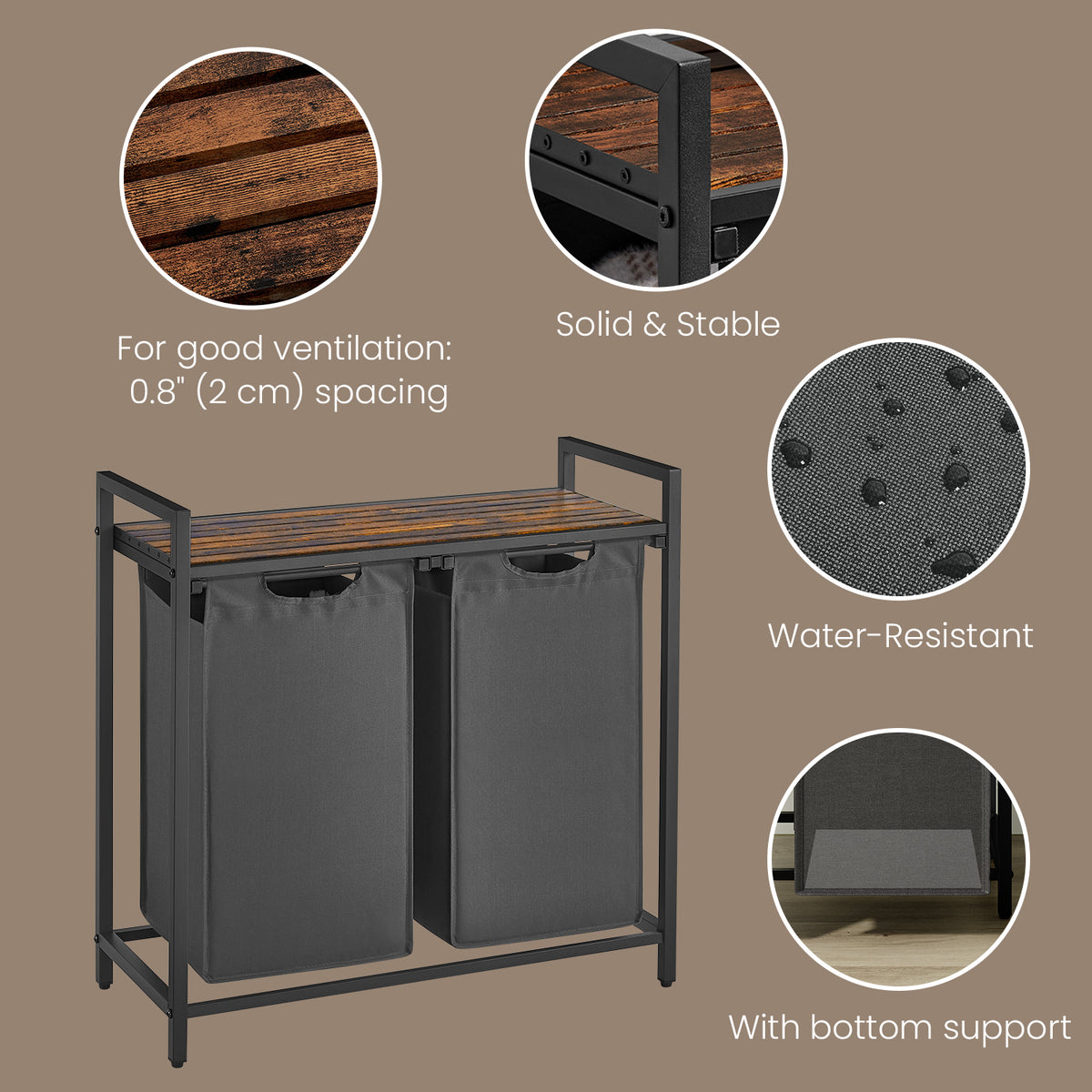 Laundry Sorter Hamper with 2 Pull-Out Bags, Detergent Shelf, Sturdy Metal Frame & Adjustable Feet, 24.2 Gallons Capacity, 2-Compartment for Clothes Organization, Rustic Brown，Gray