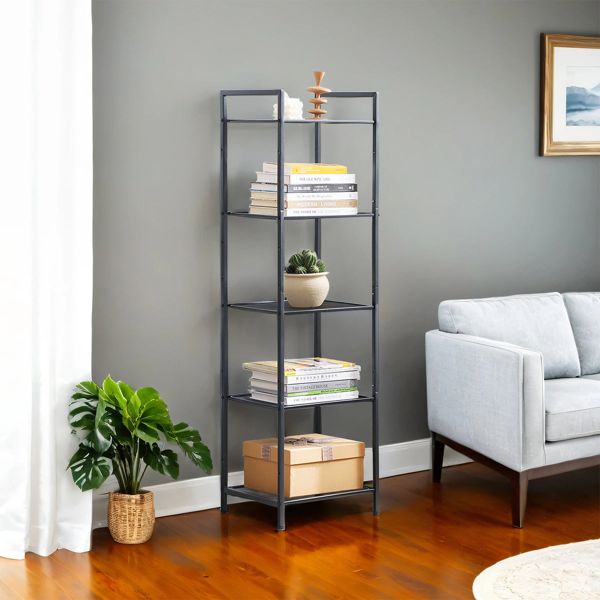 5-Tier Extendable Metal Storage Rack, Adjustable Shelves with 22 lb Capacity per Tier, All-Room Organizer, Black