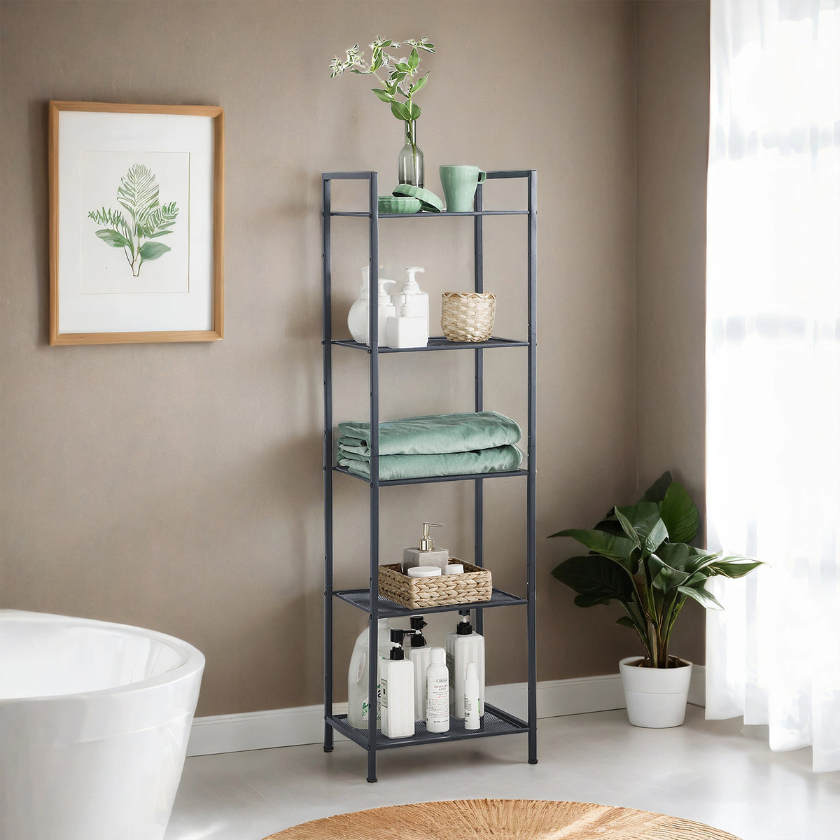 5-Tier Extendable Metal Storage Rack, Adjustable Shelves with 22 lb Capacity per Tier, All-Room Organizer, Black