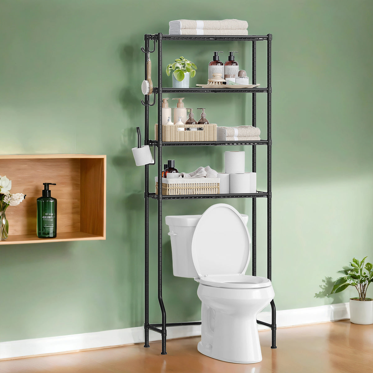 4-Tier Over-The-Toilet Storage Shelf with Adjustable Shelves & Hooks, Space-Saving Bathroom Organizer with Roll Holder, Black