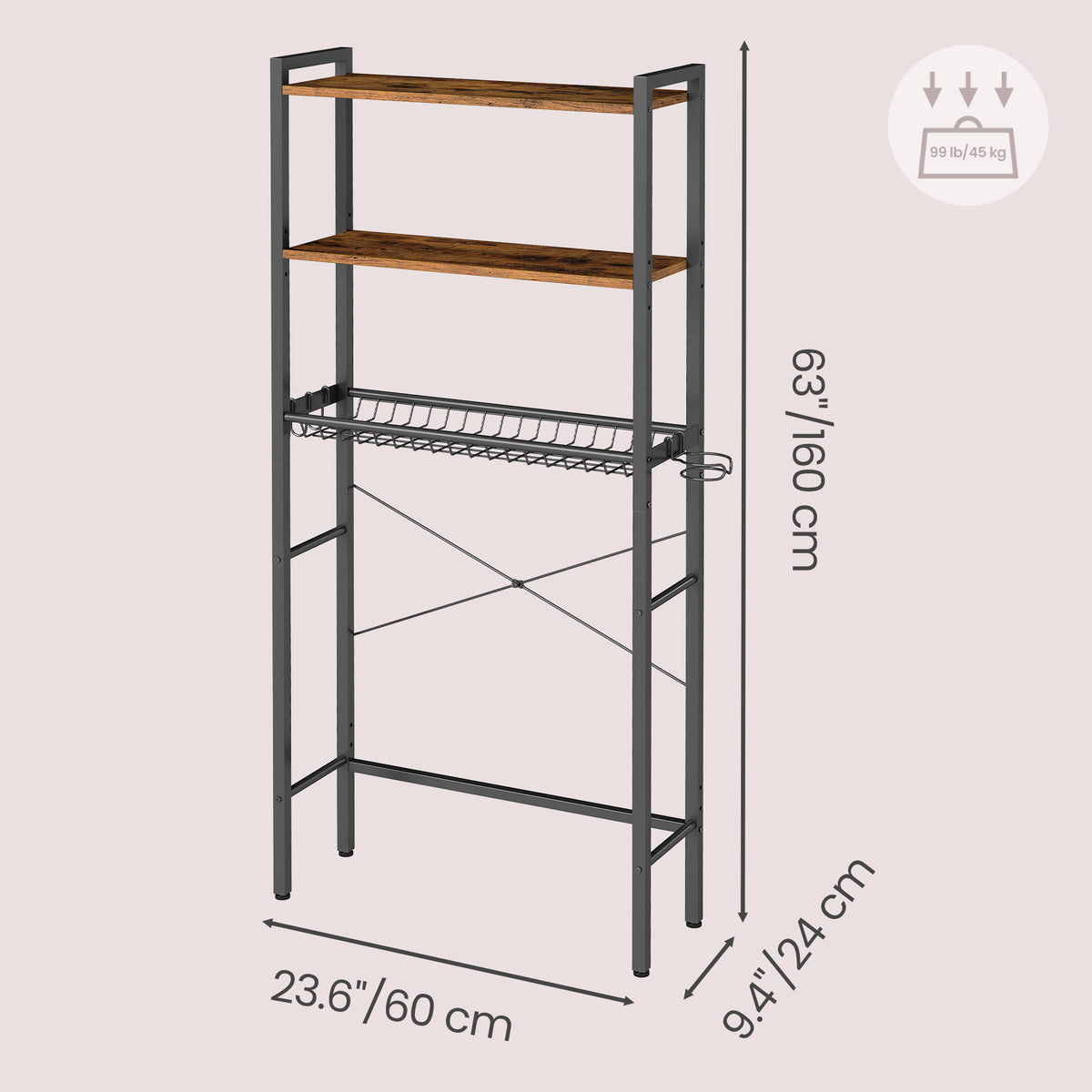 Over the Toilet Storage, Bathroom Organizer with Adjustable Shelves & Basket, 3 Hooks, Space-Saving, 63" Tall, Rustic Brown