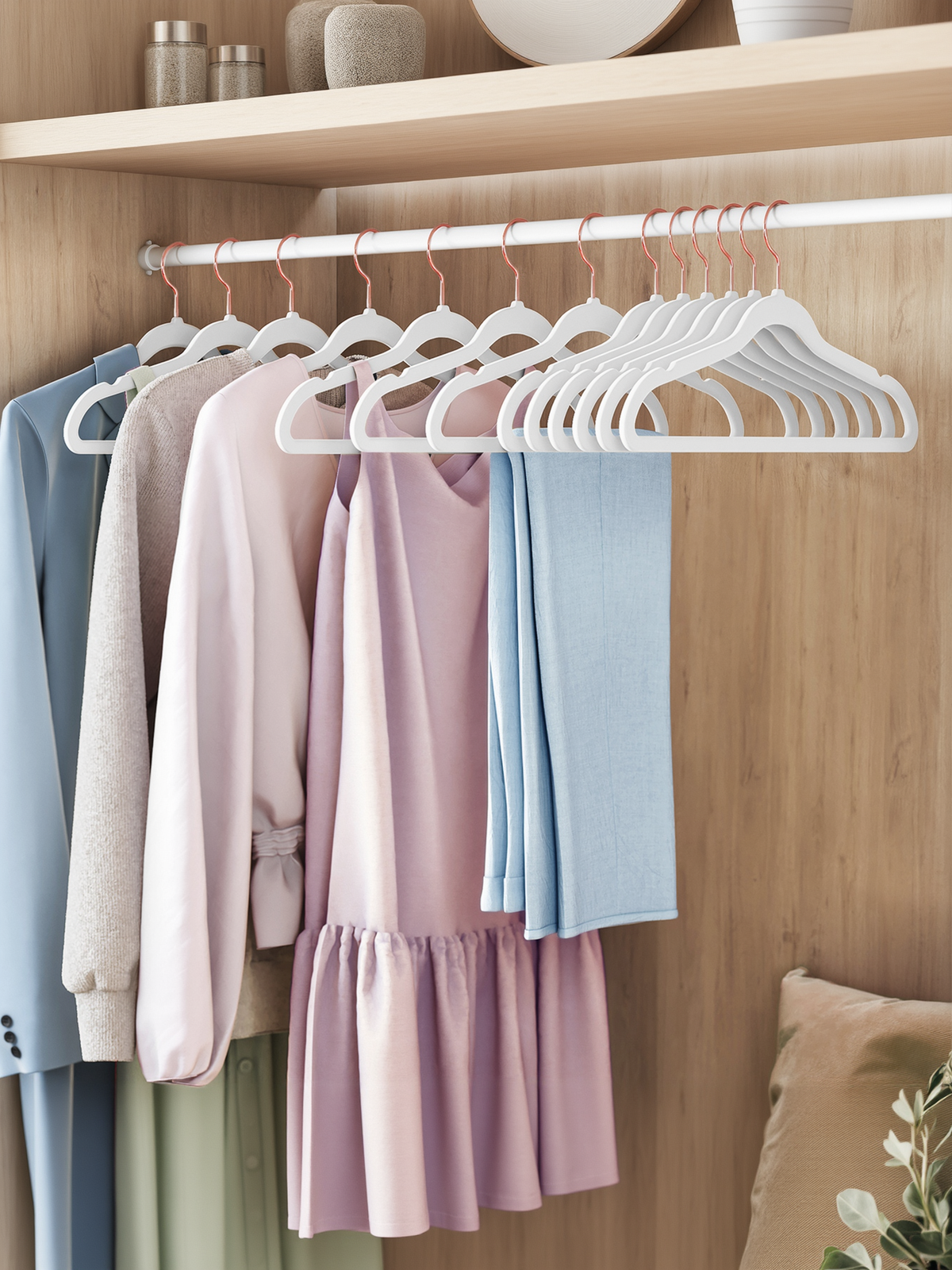 Set of 50 Slim Velvet Hangers, Non-Slip Space Saving Clothes Hangers with Rose Gold Swivel Hooks for Closet, White